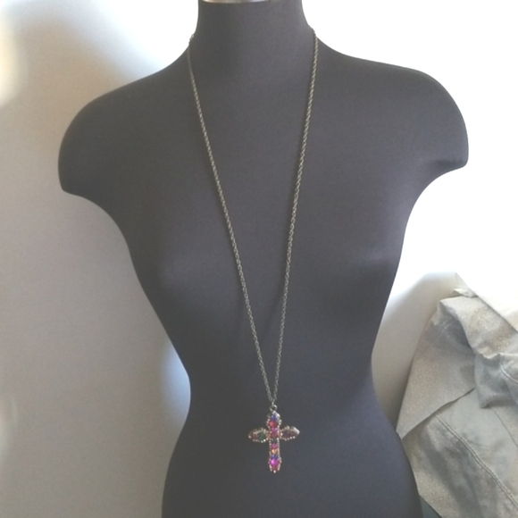 Rhinestone Cross Necklace Brass - Picture 5 of 6